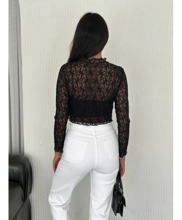 Dantel Uzun Kol Bluz- Siyah