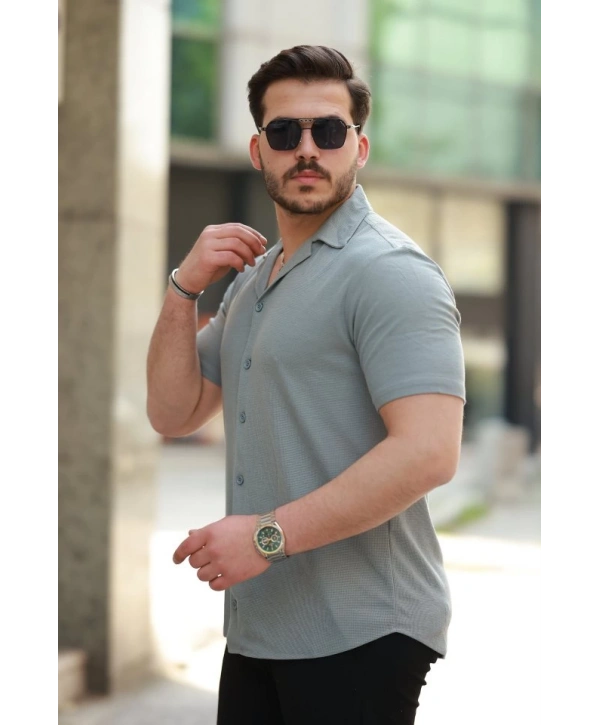 Erkek Apaç Yaka örme Kumaş Kısa Kollu Gömlek
