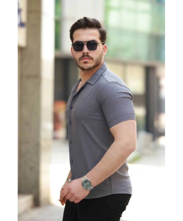 Erkek Apaj Yaka Kısa Kollu Gömlek