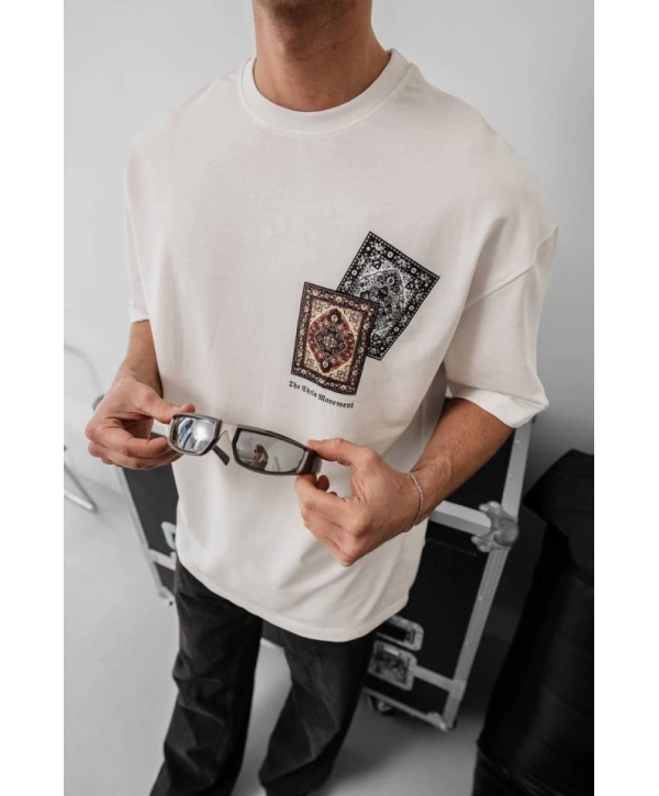 Erkek Baskılı Oversize T-shirt - Beyaz