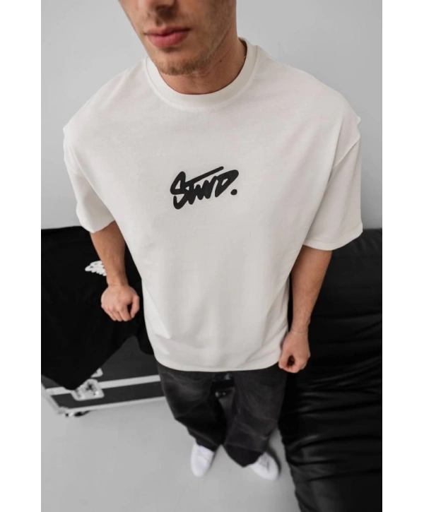 Erkek Baskılı Oversize T-shirt - Beyaz