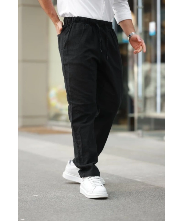 Erkek Beli Lastikli Keten Rahat Pantolon