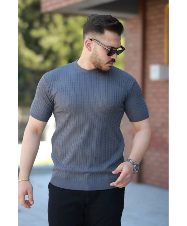 Erkek Bisiklet Yaka örgü Desenli Kısa örme Triko Kısa Kollu T-shirt