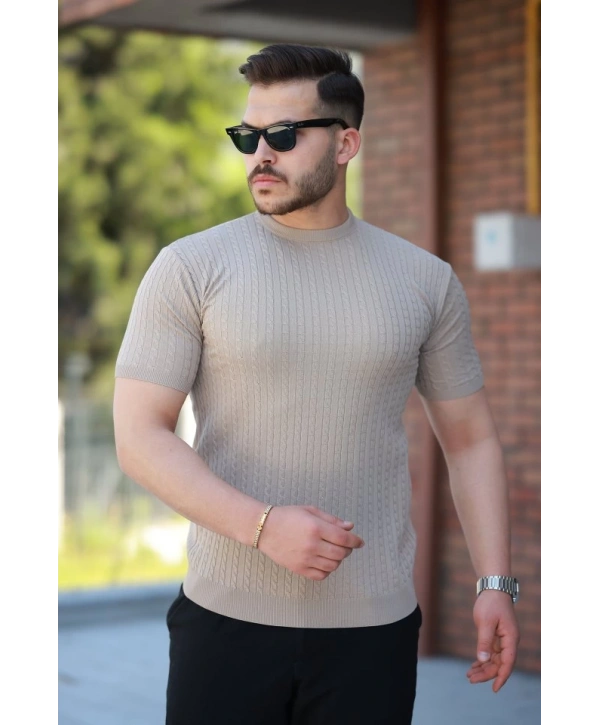 Erkek Bisiklet Yaka örgü Desenli Kısa örme Triko Kısa Kollu T-shirt