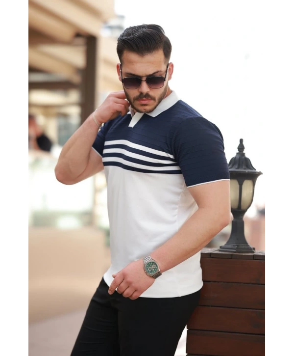 Erkek çizgi Desenli Yakalı Kısa Kollu T-shirt