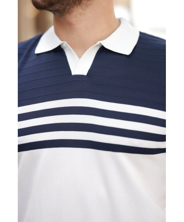 Erkek çizgi Desenli Yakalı Kısa Kollu T-shirt