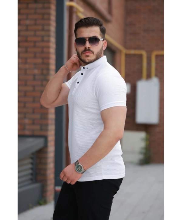 Erkek çizgi Dokulu çıtçıt Yakalı Kısa Kollu T-shirt