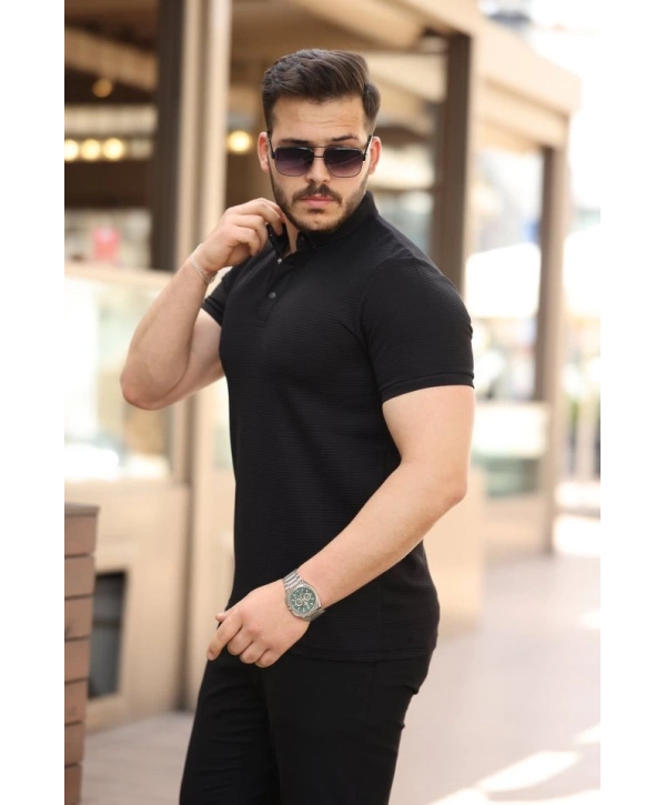 Erkek çizgi Dokulu çıtçıt Yakalı Kısa Kollu T-shirt