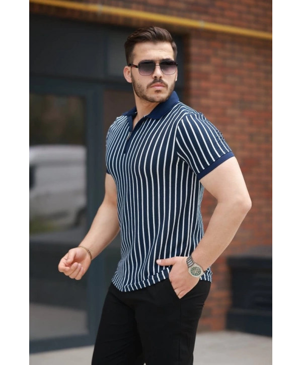 Erkek çizgili Fermuar Yakalı Kısa Kollu Tişört