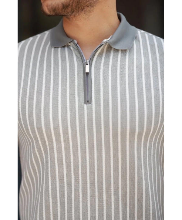 Erkek çizgili Fermuar Yakalı Kısa Kollu Tişört