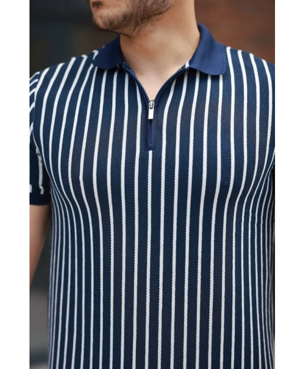 Erkek çizgili Fermuar Yakalı Kısa Kollu Tişört
