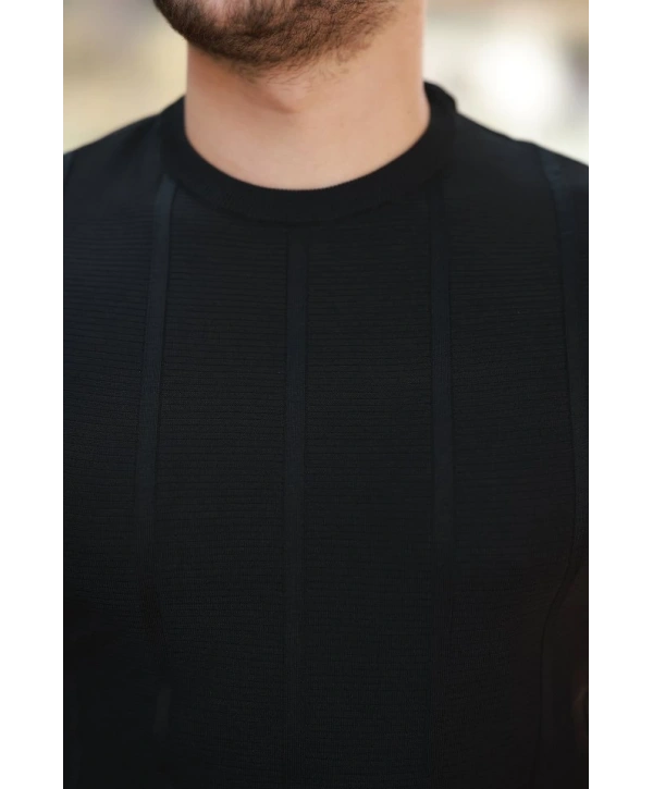 Erkek Desenli çizgi Kabartmalı Kısa Kollu Tişört