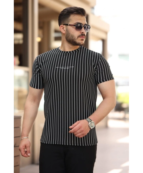 Erkek Dikey çizgili Ottoman Kumaş Kısa Kollu T-shirt