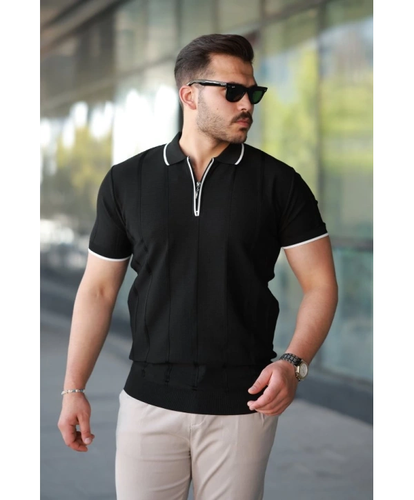 Erkek Dikey Kabartmalı Örgü Dokulu Fermuar Yakalı Tişört