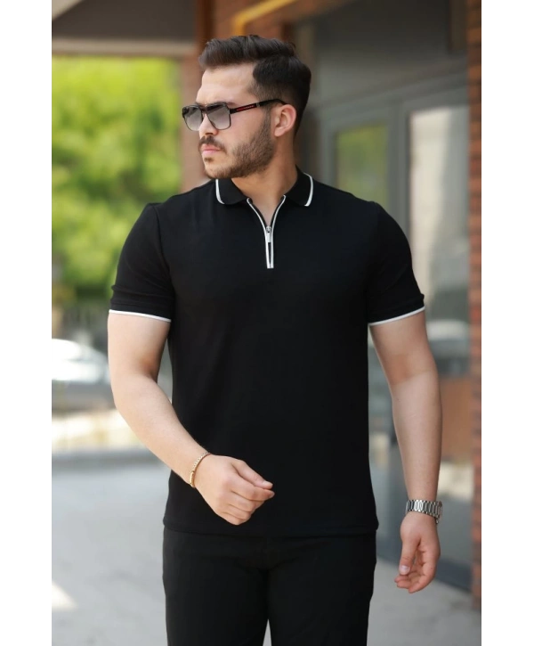 Erkek Fermuar Yakalı çizgi Detaylıkısa Kollu Tişört