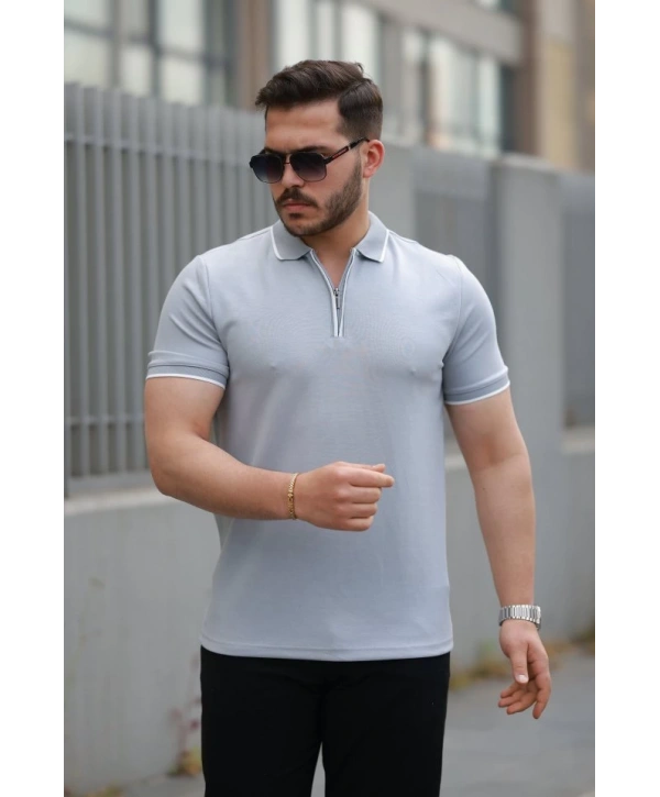 Erkek Fermuar Yakalı çizgi Detaylı Kısa Kollu Tişört