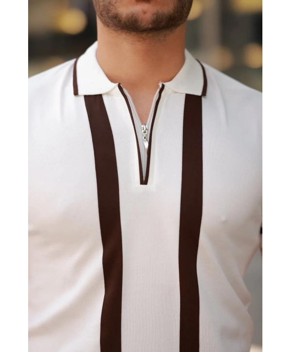 Erkek Fermuar Yakalı şerit Detaylı Kısa Kollu Tişört