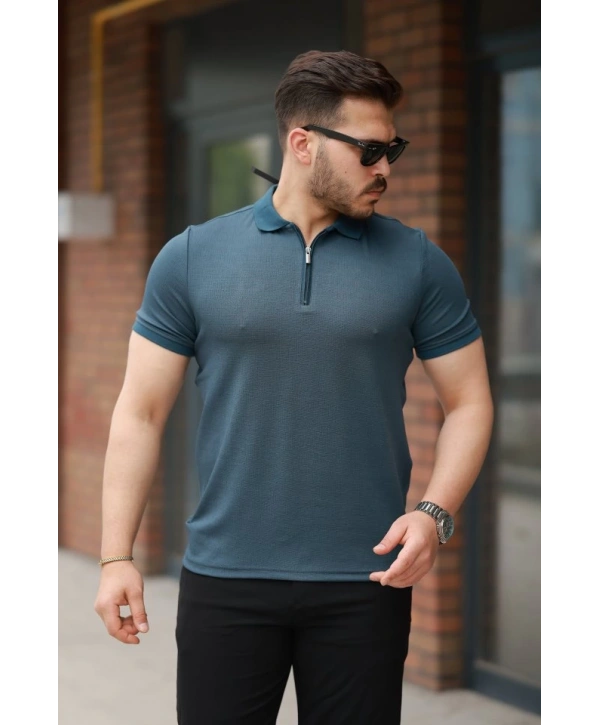 Erkek Fermuarlı Yaka Kısa Kollu Tişört