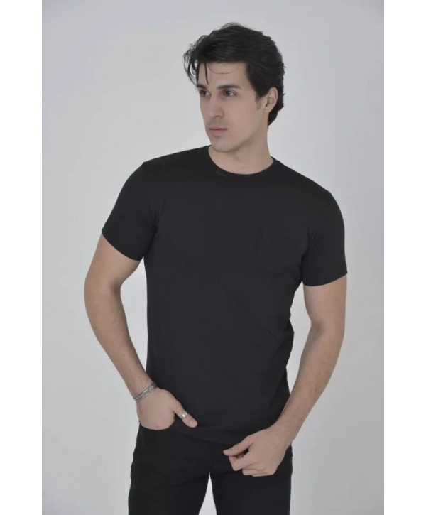 Erkek File Cepli Slim Fit T-shirt - Siyah