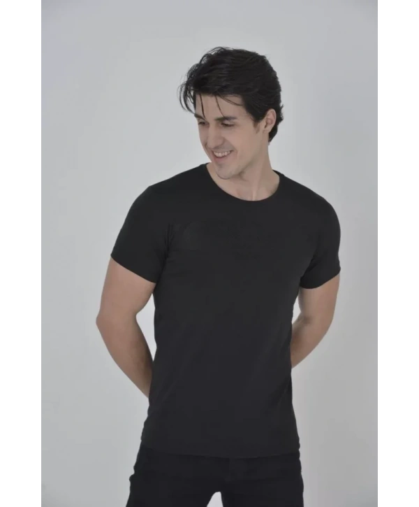Erkek Gögüs Fileli Slim Fit T-shirt - Siyah