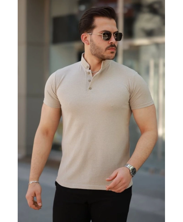 Erkek Hakim Yaka Dokuma Pamuklu Kumaş Kısa Kollu T-shirt