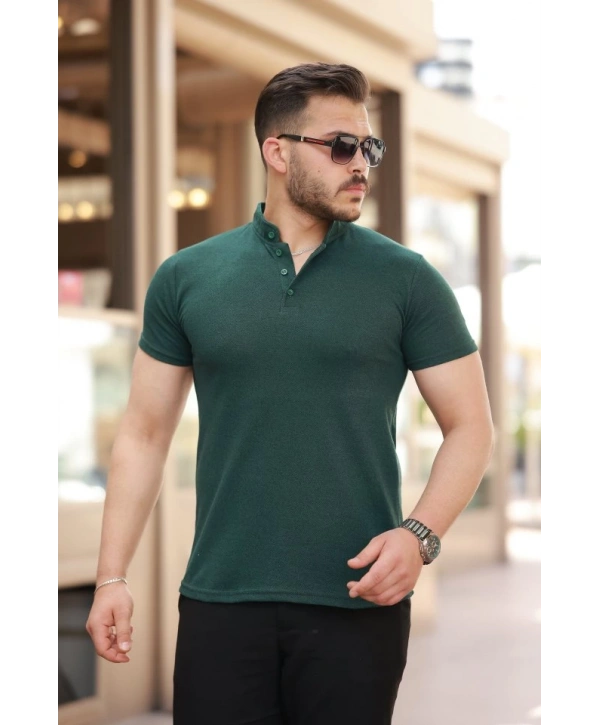 Erkek Hakim Yaka Dokuma Pamuklu Kumaş Kısa Kollu T-shirt