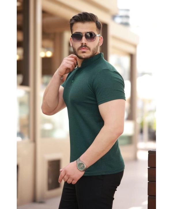 Erkek Hakim Yaka Dokuma Pamuklu Kumaş Kısa Kollu T-shirt