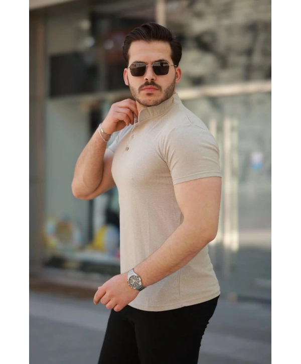 Erkek Hakim Yaka Dokuma Pamuklu Kumaş Kısa Kollu T-shirt