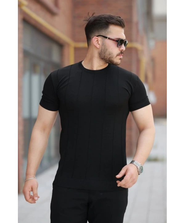 Erkek Ince çizgi Dokulu Bisiklet Yaka Kısa Kollu T-shirt