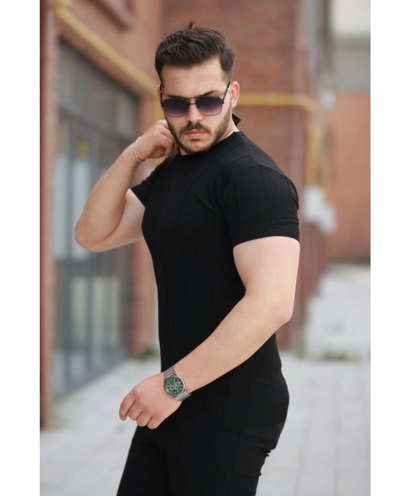 Erkek Ince çizgi Dokulu Bisiklet Yaka Kısa Kollu T-shirt