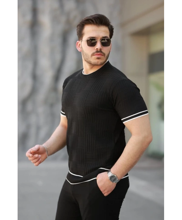 Erkek Jakarlı Ribanalı Kısa Kollu T-shirt