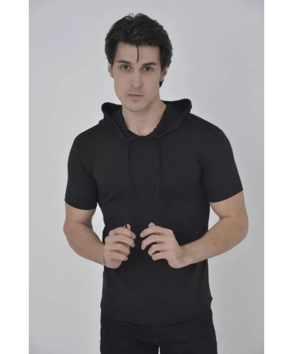 Erkek Kapşonlu Slim Fit T-shirt - Siyah