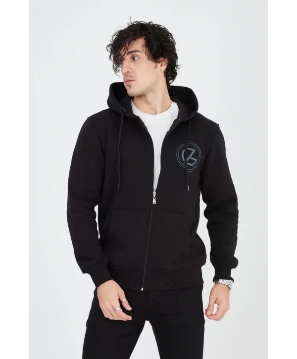 Erkek Kapüşonlu Baskılı Fermuarlı Hırka - Siyah