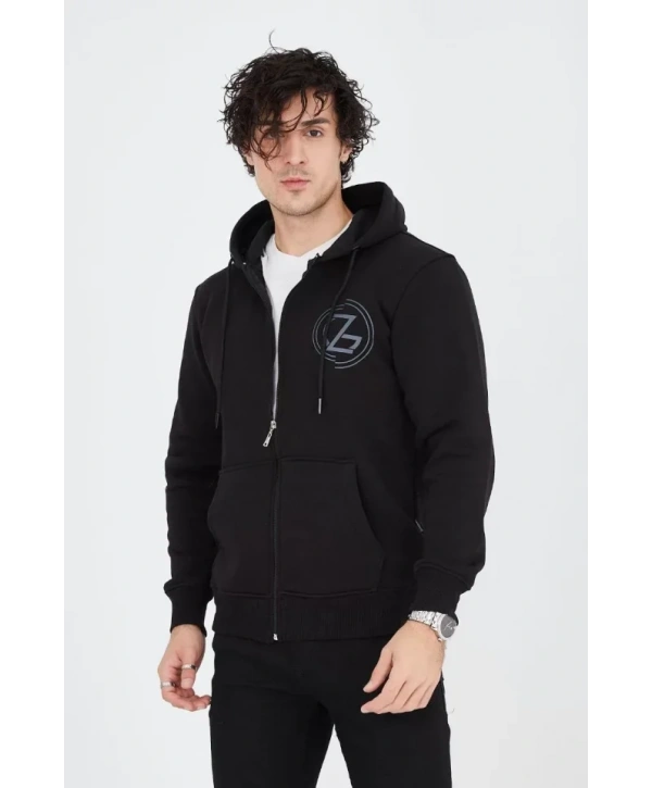 Erkek Kapüşonlu Baskılı Fermuarlı Hırka - Siyah