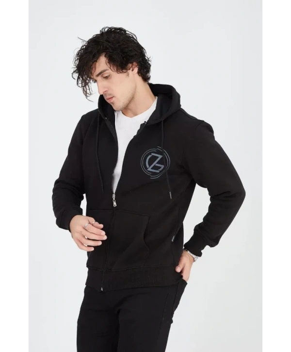 Erkek Kapüşonlu Baskılı Fermuarlı Hırka - Siyah