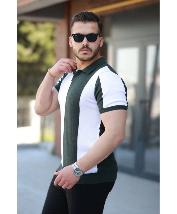 Erkek Kısa Kollu Polo Yakalı Blok Desenli Triko Bluz