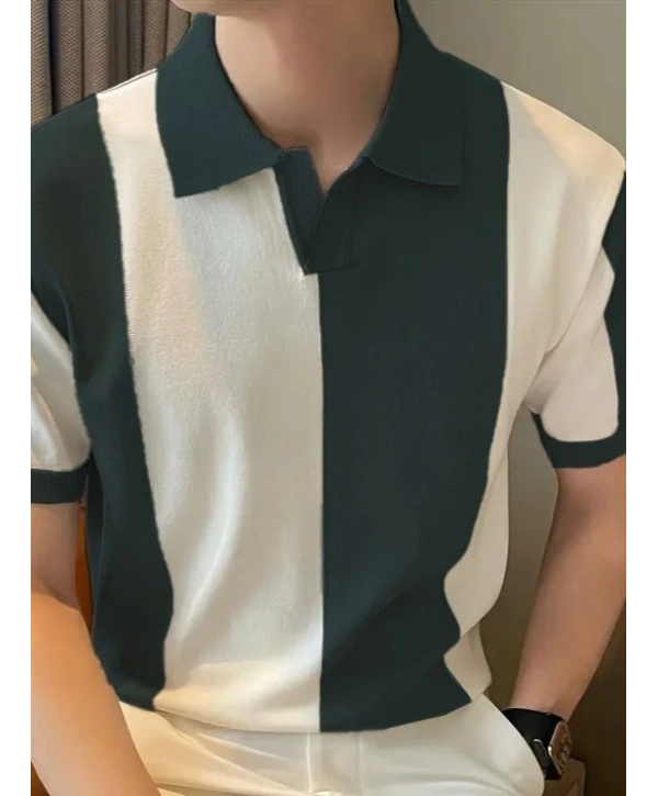 Erkek Kısa Kollu Polo Yakalı Blok Desenli Triko Bluz