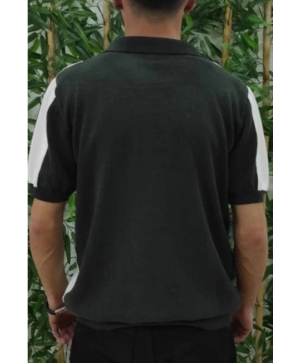 Erkek Kısa Kollu Polo Yakalı Blok Desenli Triko Bluz