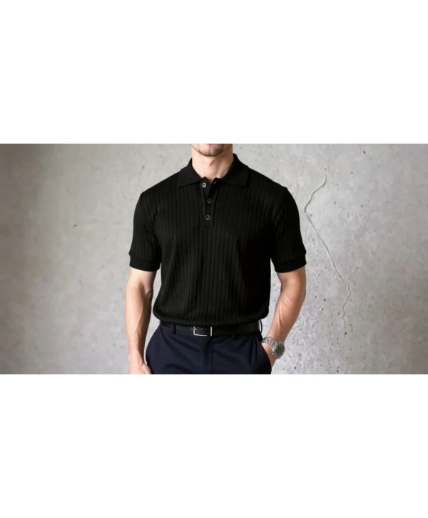 Erkek Kısa Kollu Yakalı Yakadan Düğmeli Triko Bluz