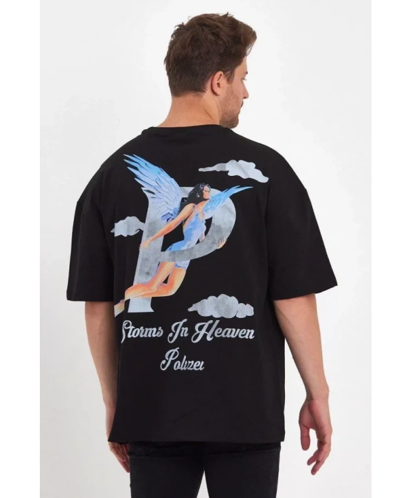 Erkek Melek Baskılı Oversize T-shirt - Siyah