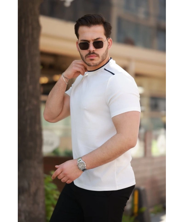 Erkek Omuzlar çizgi Detaylı Kısa Kollu T-shirt