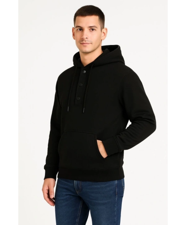 Erkek Ovarsize Kapüşonlu Swetshirt Kanguru Çepli Cıtcıtlı 3 Iplik Şardonlu Hoodie - Siyah