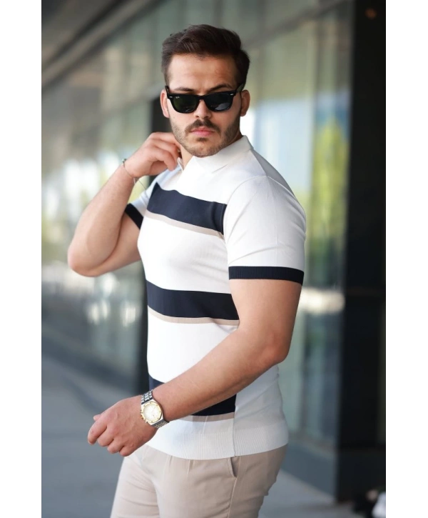 Erkek şerit Desenli Hemşire Yaka Kısa Kollu Tişört