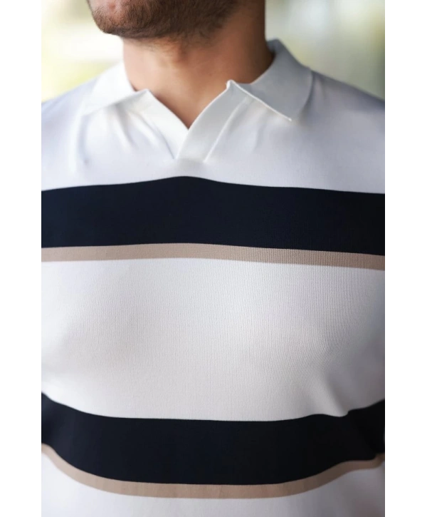 Erkek şerit Desenli Hemşire Yaka Kısa Kollu Tişört