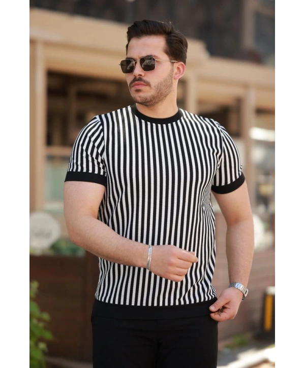 Erkek Siyah Beyaz örme Pamuklu Kumaş Kısa Kollu T-shirt