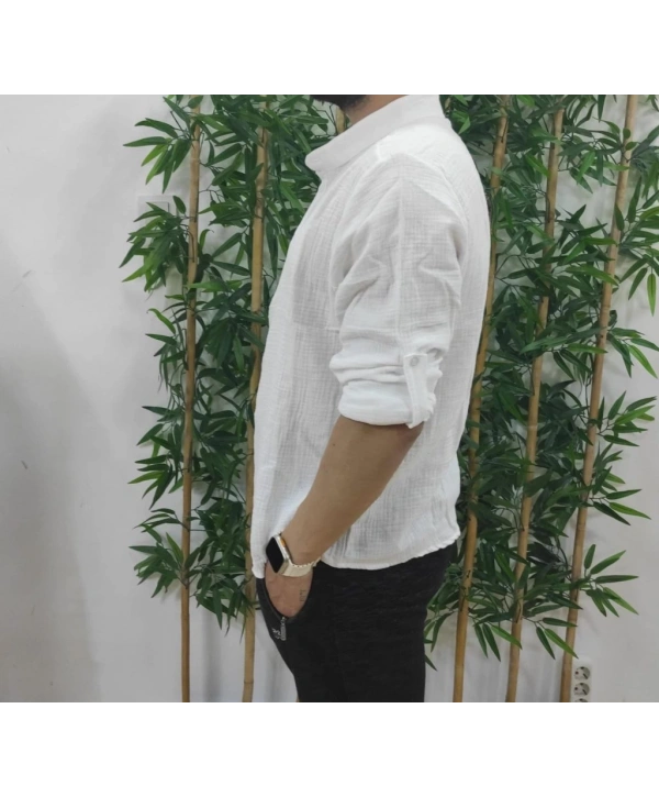 Erkek Uzun Kollu Hakim Yaka Düğmeli Erkek Müslim Gömlek