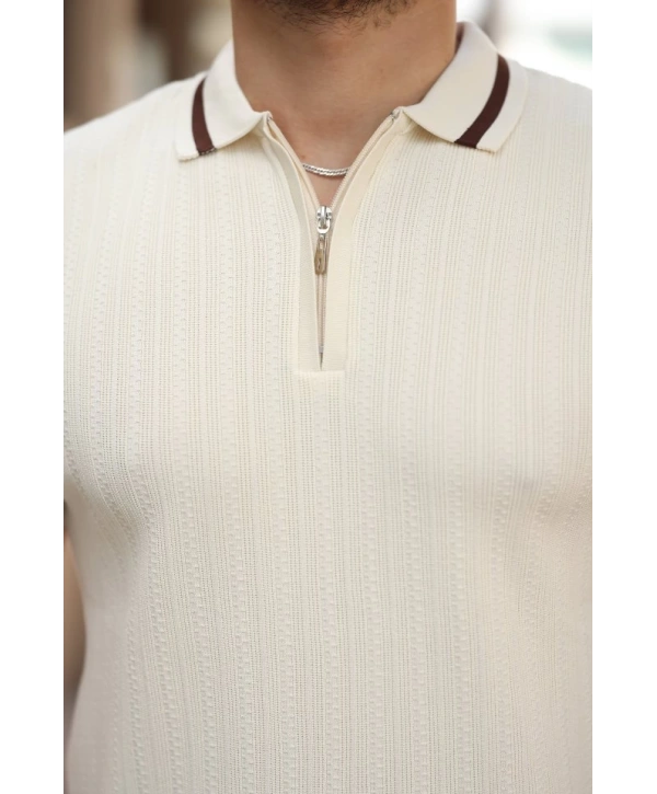 Erkek Yaka Ve Kolları çizgi Detaylı Fermuarlı Kısa Kollu T-shirt