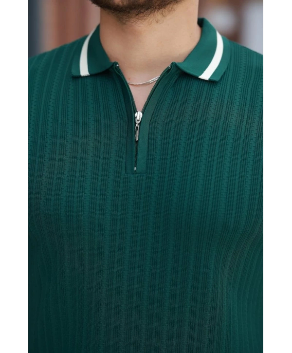 Erkek Yaka Ve Kolları çizgi Detaylı Fermuarlı Kısa Kollu T-shirt