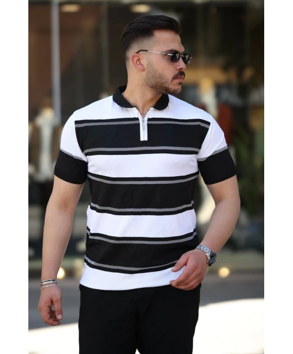 Erkek Yakalı Fermuarlı çift Renk Kısa Kollu T-shirt