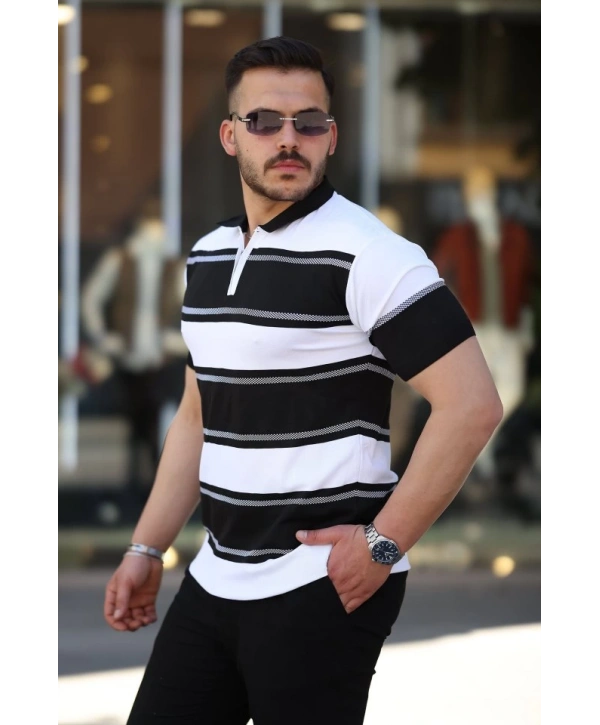 Erkek Yakalı Fermuarlı çift Renk Kısa Kollu T-shirt